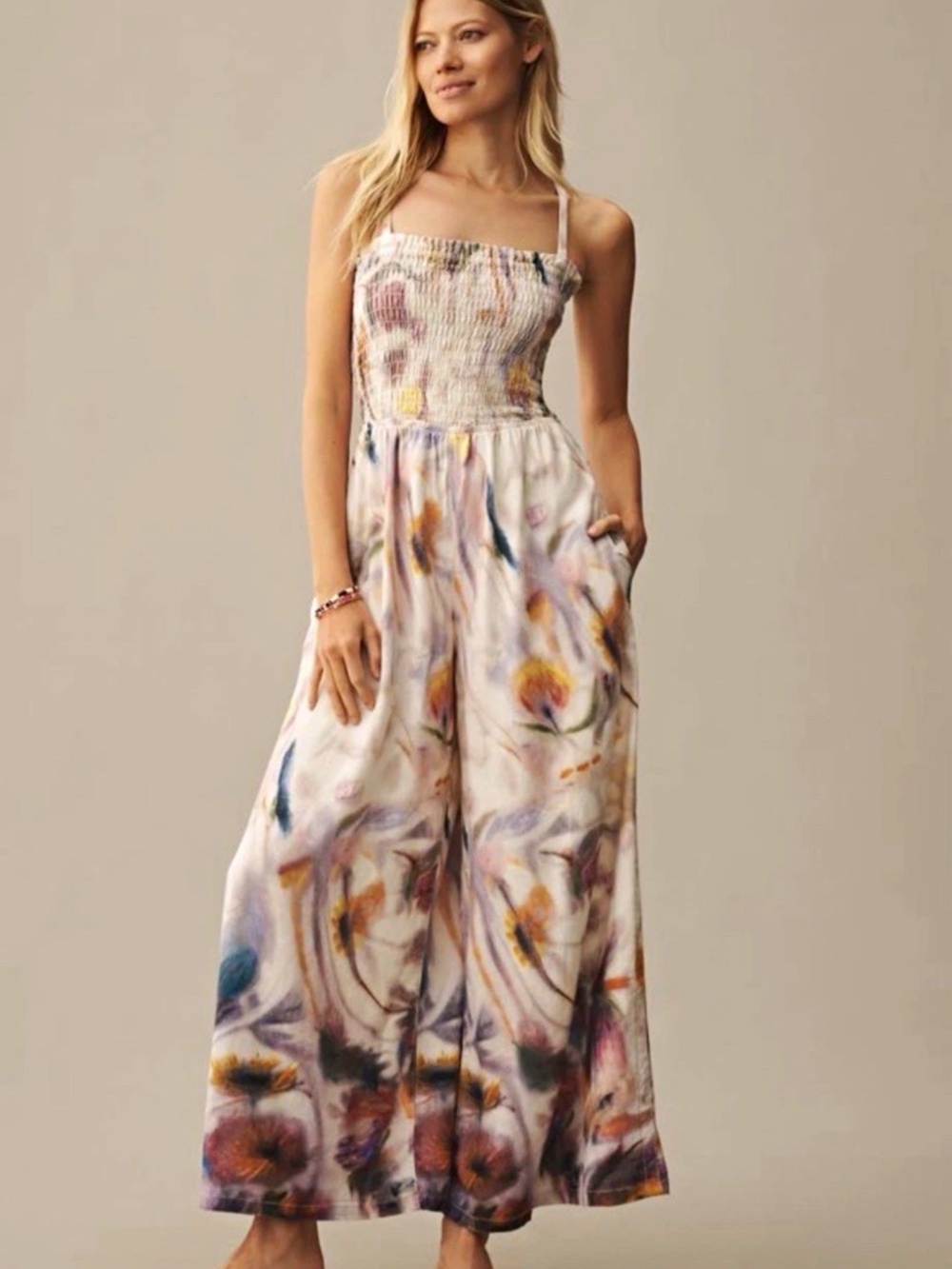 Anthropology wide leg Klaas Jonkman Smockee Printed Linen Jumpsuit XL